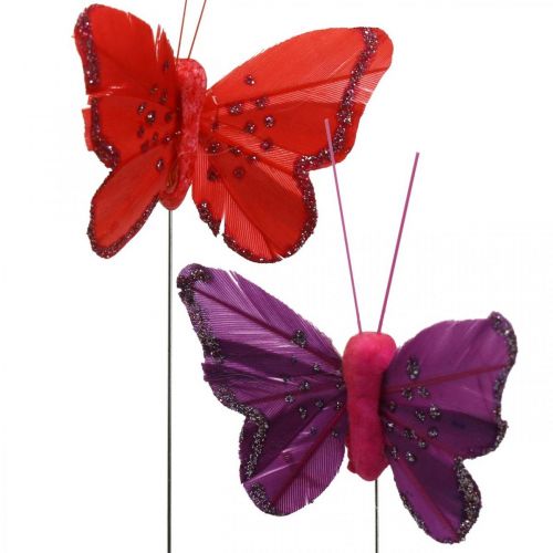 Floristik24 Kevät, höyhenperhoset kiillellä, deco perhonen punainen, oranssi, pinkki, violetti 4×6,5cm 24kpl