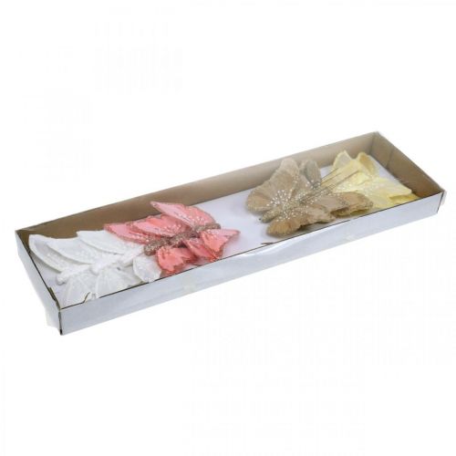 Floristik24 Perhoset kiillellä, hääkoristeet, koristetulppa, höyhenperhonen keltainen, beige, pinkki, valkoinen 9,5×12,5cm 12 kpl