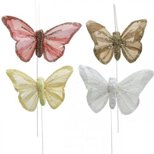 Perhoset kiillellä, hääkoristeet, koristetulpat, höyhenperhonen keltainen, beige, pinkki, valkoinen 9,5×12,5cm 12kpl