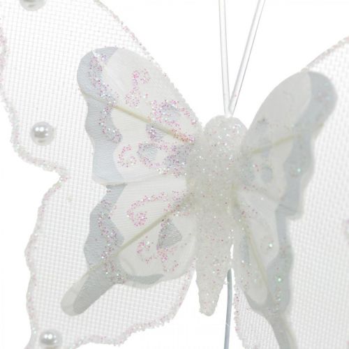 Perhoset helmet ja Glimmer, häät koristelu, Feather Butterfly on Wire White
