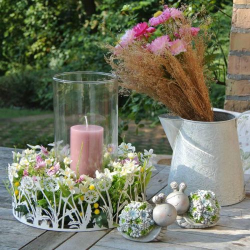 kohteita Koristeellinen tarjotin voikukkailla, metallikoristeet kevätvalkoiseen, hopea shabby chic Ø25cm K10,5cm