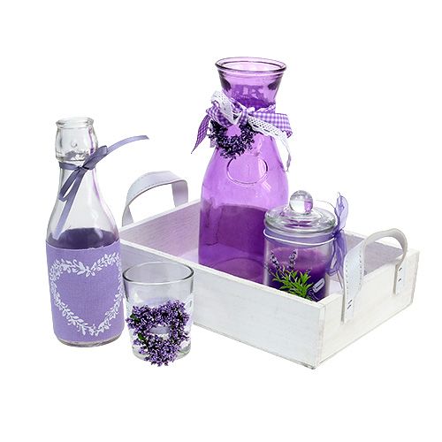 Floristik24 Kesäkoriste puinen tarjotin, violetti lasi, valkoinen