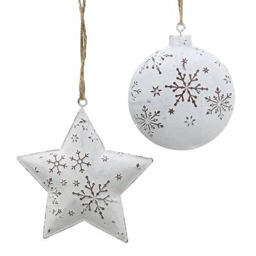 Koristeellinen ripustustähti ja joulukuusi pallo lumihiutaleilla metalli valkoinen Ø9.5 / 7.6cm H10 / 9.2cm 4kpl