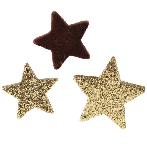 Tähtiä hajallaan koristeltu sekoitus ruskeaa ja kultaa joulukoristeita 4cm/5cm 40kpl