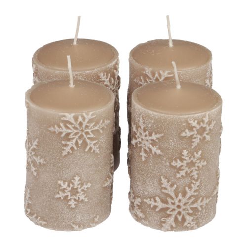 Floristik24 Pilarikynttilät beige kynttilät lumihiutaleet 100/65mm 4kpl