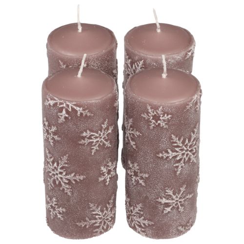 Pilarikynttilät vaaleanpunaiset kynttilät lumihiutaleet 150/65mm 4kpl