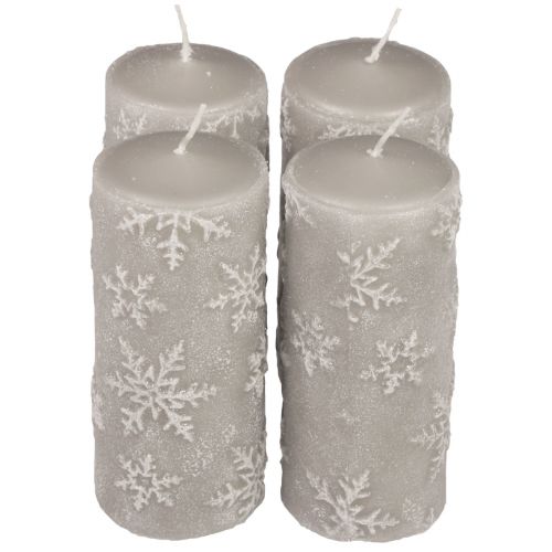 Pilarikynttilät harmaat kynttilät lumihiutaleet 150/65mm 4kpl