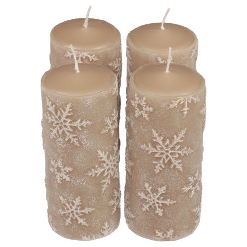 Pilarikynttilät beige kynttilät lumihiutaleet 150/65mm 4kpl