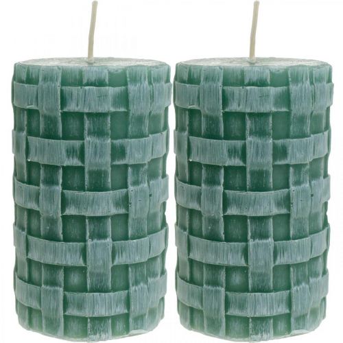 Kynttilät punotulla kuviolla, pilarikynttilät Rustic Green, kynttiläkoriste 110/65 2kpl.