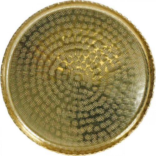 Metallitarjotin pyöreä, dekolautanen kultainen, itämainen deko Ø30cm