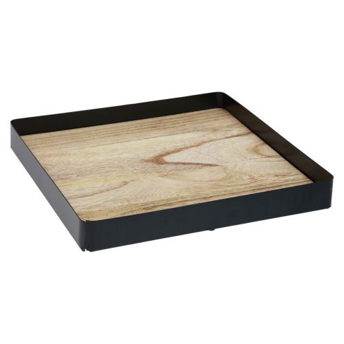 Koristeellinen tarjotin metalli puu neliö luonnonmusta 25,5×25,5×4 cm