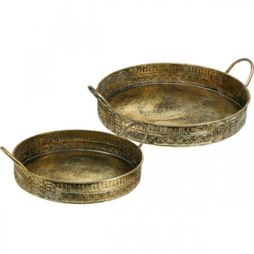 Koristekulho kahvoilla, kuviollinen kasvitarjotin, kultainen metalliastia, antiikkinen ulkoasu W45,5/42cm Ø39,5/34cm 2 kpl setti