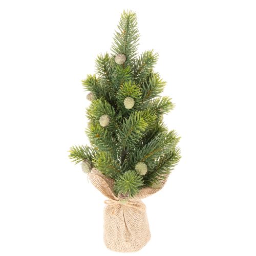 Tekokuusi juuttisäkissä, pieni pöytäkoriste, minijoulukuusi, 38 cm