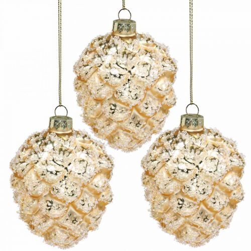 Käpyjä ripustettavaksi, puukoristeet, lumipeitteiset koristekartiot Golden H9,5cm Ø8cm aitoa lasia 3kpl