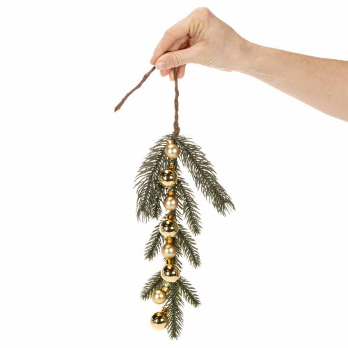 Keinotekoinen kuusenoksa ja kullanvärisiä minikuusenpalloja, 46 cm, 2 kpl | Floristik24.fi