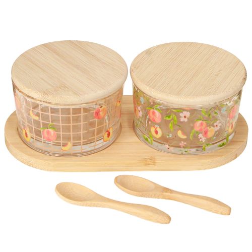 Tapassetti-persikkakuvioiset lasit kannen puulla 20×10×6,5cm