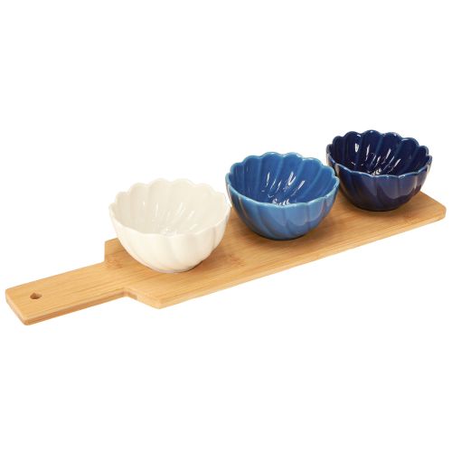 Tapassetti keraamisilla kulhoilla tarjottimella sininen ja valkoinen 40×10cm