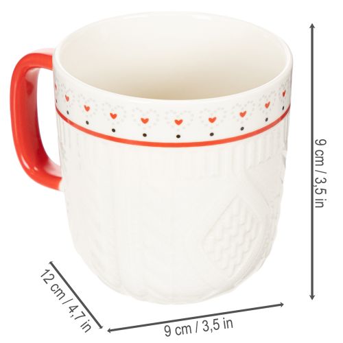 Kahvikuppi punaisella kahvalla, neulottu kuvio ja sydänkoristeet, keraaminen, 9 cm, 2 kpl | Floristik24.fi