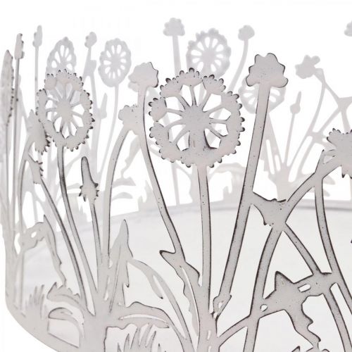 kohteita Koristeellinen tarjotin voikukkailla, metallikoristeet kevätvalkoiseen, hopea shabby chic Ø25cm K10,5cm