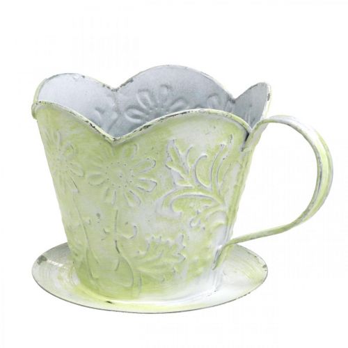 Floristik24 Istutuskone, koristeellinen kahvinsuodatinpidike, metallikuppi istutukseen, kukkakoristeet vihreä, valkoinen shabby chic H11cm Ø11cm