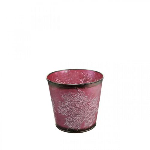 Koristeellinen ruukku istutukseen, peltisanko, metallinen deko, jossa on lehtikuvio viininpunainen Ø14cm K12,5cm