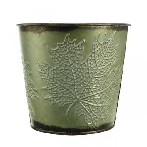 kohteita Istutuskone syksyyn, istutuskone lehtikoristeella, metallinen ämpäri vihreä Ø14cm K12,5cm