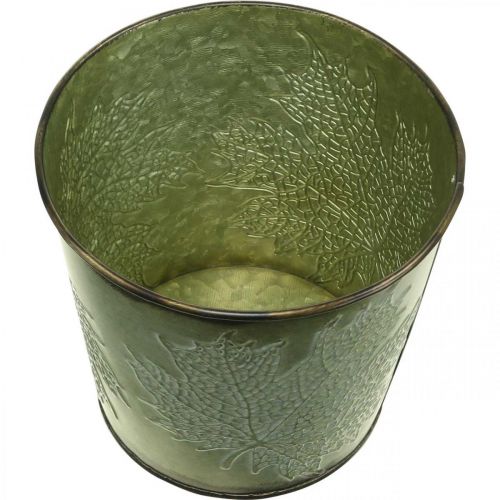 kohteita Istutuskone syksyyn, istutuskone lehtikoristeella, metallinen ämpäri vihreä Ø14cm K12,5cm