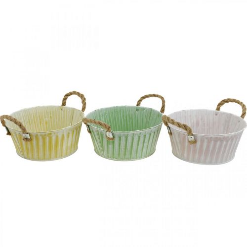 kohteita Metallinen kasvikulho, kukkakulho, ruukku kahvoilla pinkki/vihreä/keltainen shabby chic Ø22cm K9,5cm 3 kpl setti