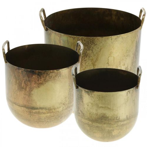 Antiikkisen ilmeen kukkaruukku metallikahvoilla H17 / 19,5 / 26cm, 3 kpl setti