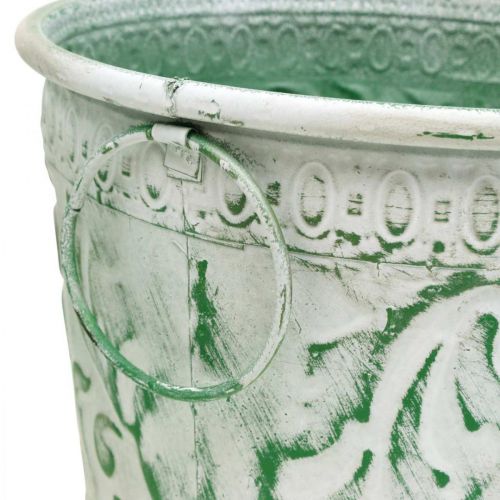 kohteita Metalliruukut kahvoilla, istutuskoneet kohokuvioidulla valkoinen, vihreä shabby chic H20.5/18.5/16cm Ø25.5/20.5/15.5cm 3 kpl setti