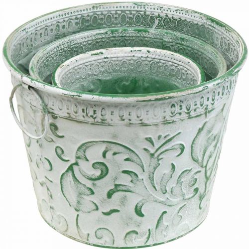 kohteita Metalliruukut kahvoilla, istutuskoneet kohokuvioidulla valkoinen, vihreä shabby chic H20.5/18.5/16cm Ø25.5/20.5/15.5cm 3 kpl setti