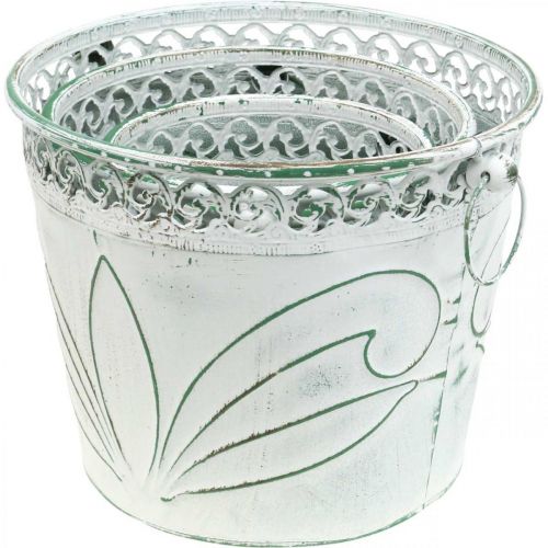 kohteita Peltikauha kohokuvioidulla, istutuskone kahvoilla valkoinen, vihreä shabby chic H22/19,5/17,5 cm Ø25,5/20,5/15,5 cm 3 kpl sarja