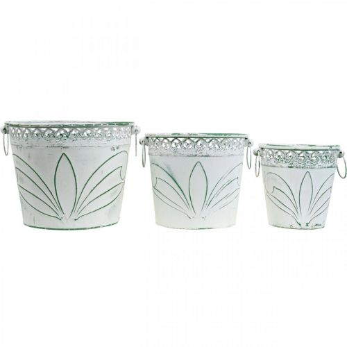 kohteita Peltikauha kohokuvioidulla, istutuskone kahvoilla valkoinen, vihreä shabby chic H22/19,5/17,5 cm Ø25,5/20,5/15,5 cm 3 kpl sarja