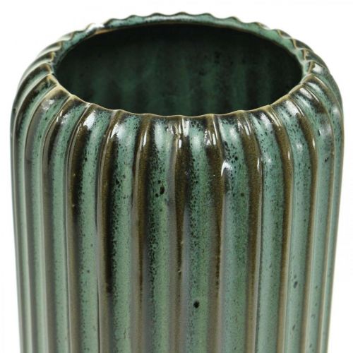 kohteita Keraaminen maljakko, pöydän koriste, koristeellinen maljakko uurrettu vihreä, ruskea Ø10,5cm H21,5cm