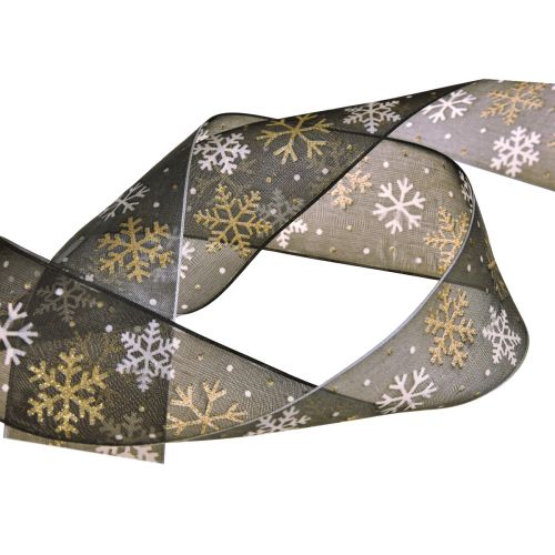 kohteita Joulunauha organza lumihiutaleet musta kulta 40mm 15m