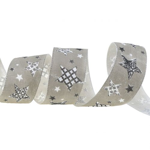 Floristik24 Tähtikuvioinen joulunauha harmaa 40mm 20m