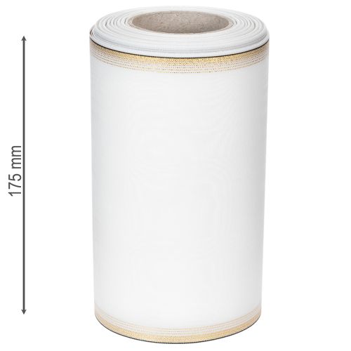 kohteita Valkoinen moiré-seppelenauha kultaisella helmireunuksella, 175 mm - Elegantti nauha koristeluun ja floristiikkaan