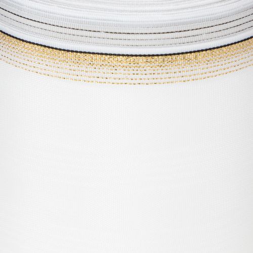 Valkoinen moiré-seppelenauha helmireunuksella ja taftireunuksella, koristenauha, surunauha, leveys 100 mm, pituus 25 m | Floristik24.fi