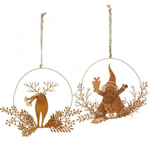 kohteita Koristesormus jouluksi, poro sormuksessa, joulupukki lahjalla, metallikoriste patina Ø18cm 2 kpl setti
