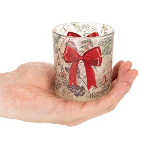 Lasinen kynttilänjalka joulun oksilla ja punaisella nauhalla, 8 cm, 2 kpl | Floristik24.fi