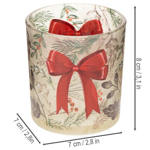 Lasinen kynttilänjalka joulun oksilla ja punaisella nauhalla, 8 cm, 2 kpl | Floristik24.fi