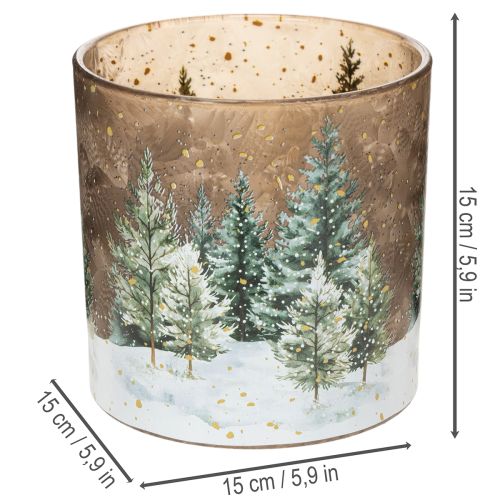 Lasinen tuikkukuppi kuusimetsäaiheella, talvikoriste, 15 cm | Floristik24.fi