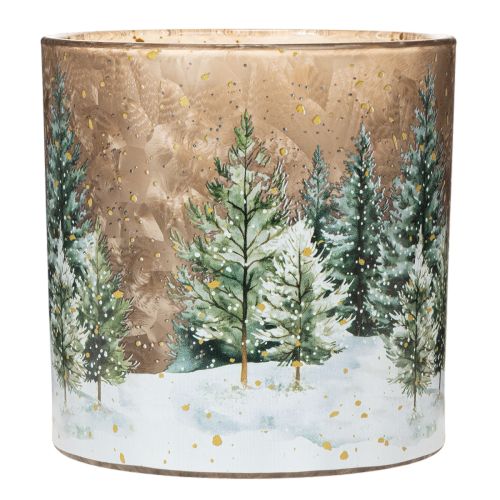 Lasinen tuikkukuppi kuusimetsäaiheella, talvikoriste, 15 cm | Floristik24.fi