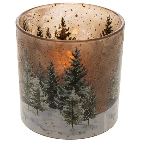 Lasinen tuikkukuppi kuusimetsäaiheella, talvikoriste, 15 cm | Floristik24.fi