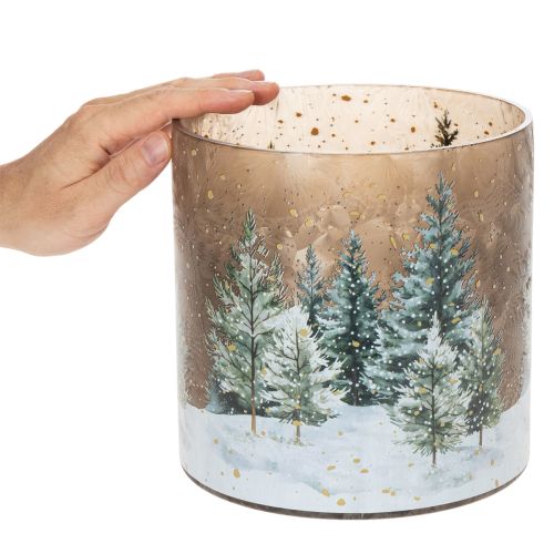 Lasinen tuikkukuppi, jossa on talvimetsä lumessa, joulukoriste, 20 cm | Floristik24.fi