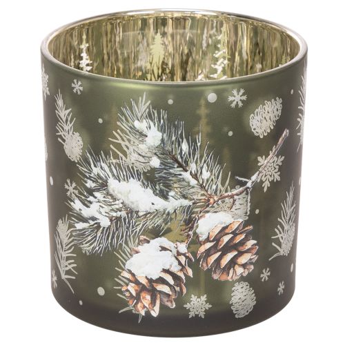 Lasinen tuikkupidike käpyillä ja lumihiutaleilla, 15 cm