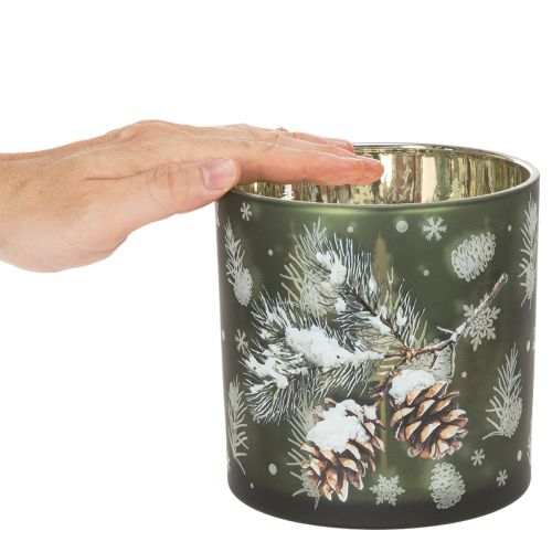 Lasinen tuikkupidike käpyillä ja lumihiutaleilla, 15 cm | Floristik24.fi