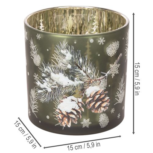 Lasinen tuikkupidike käpyillä ja lumihiutaleilla, 15 cm | Floristik24.fi