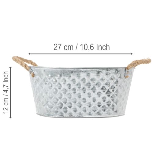 Soikea sinkkikulho köysikahvoilla, 27 cm x 17,5 cm, korkeus 12 cm | Floristik24.fi