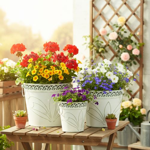 Kohokuvioitu metallinen ruukku kahvoilla, valkoinen ja vihreä, shabby chic -tyyli, korkeus 22/19,5/17,5 cm, halkaisija 25,5/20,5/15,5 cm, 3 kpl setti | Floristik24.fi